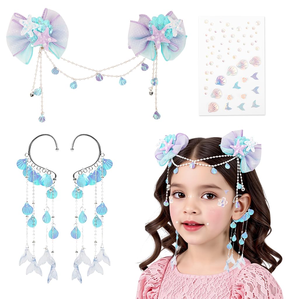 MAYCREATE® Mermaid Accessories for Girls Bow Hair Clips Tassel Sequins Ear Cuffs Seashell Face Gems Party Princess Costume Jewelry Kit Little Mermaid Cosplay Accessories for Girls