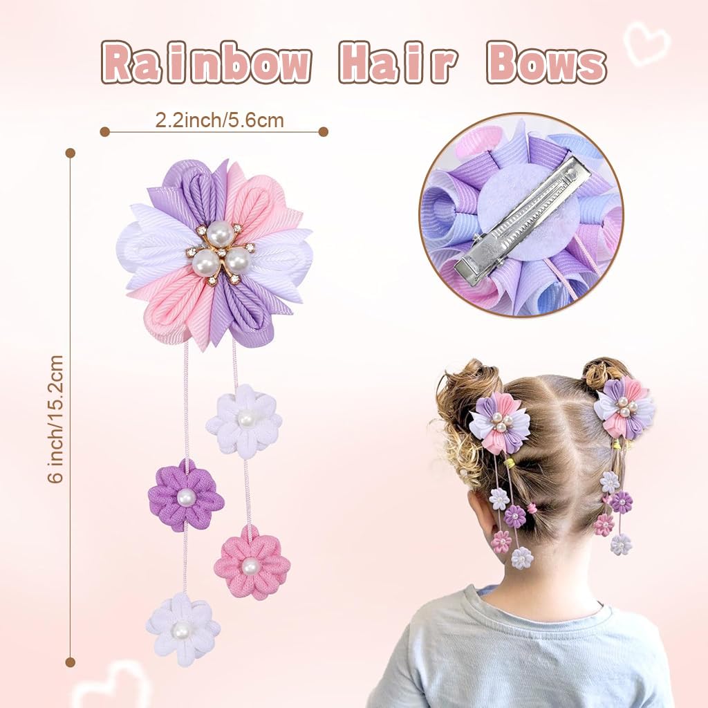 MAYCREATE Hair Bows for Girls with Secure Alligator Clips 4PCS 6 in Grosgrain Ribbon | Purple Floral Accessories for Toddlers and Teens