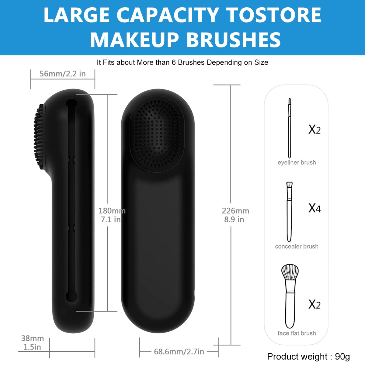 MAYCREATE Makeup Brush Holder for Travel and Daily Use with 22.6 cm Size & Magnetic Closure | Silicone Organizer Featuring Built In Cleaning Area