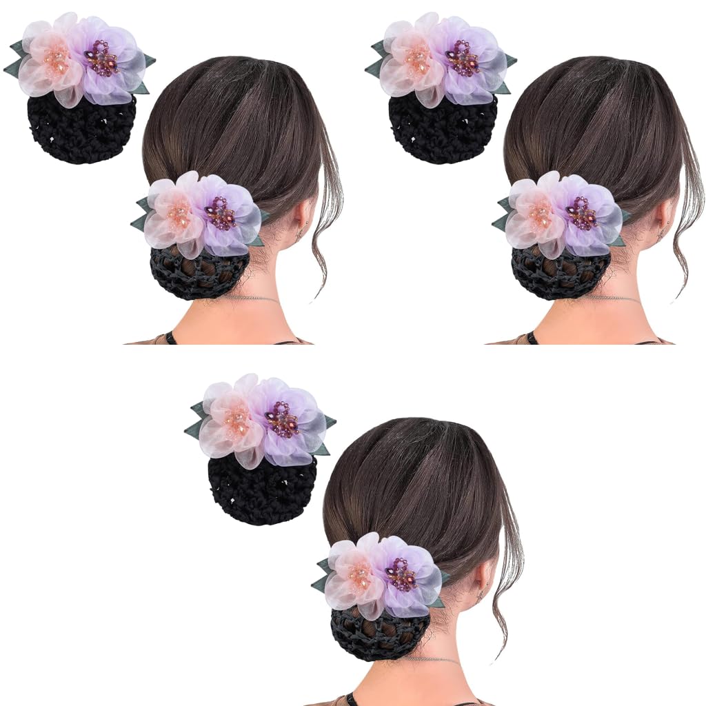 MAYCREATE Hair Snood Net Barrette for Dancer and Nurse Work featuring Alloy Spring Clip | 3 PCS Flower Bun Cover for Women and Girls