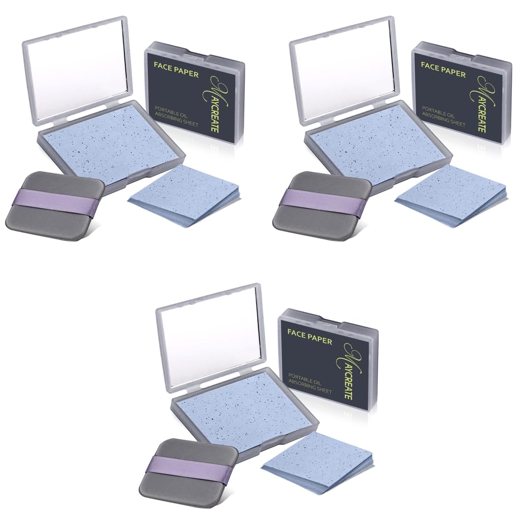 MAYCREATE Face Blotting Paper for Oily Skin with Built in Mirror and Puff Pad | 300pcs Natural Linen Sheets