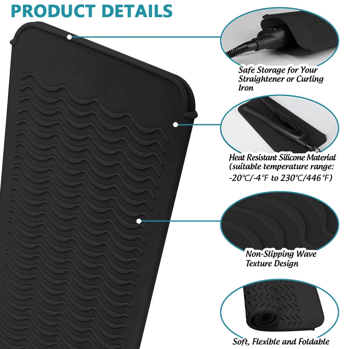MAYCREATE Heat Resistant Silicone Mat Pouch for Curling Irons with 2 in 1 Open Pouch Design | Black 11×5.1×4.3 in