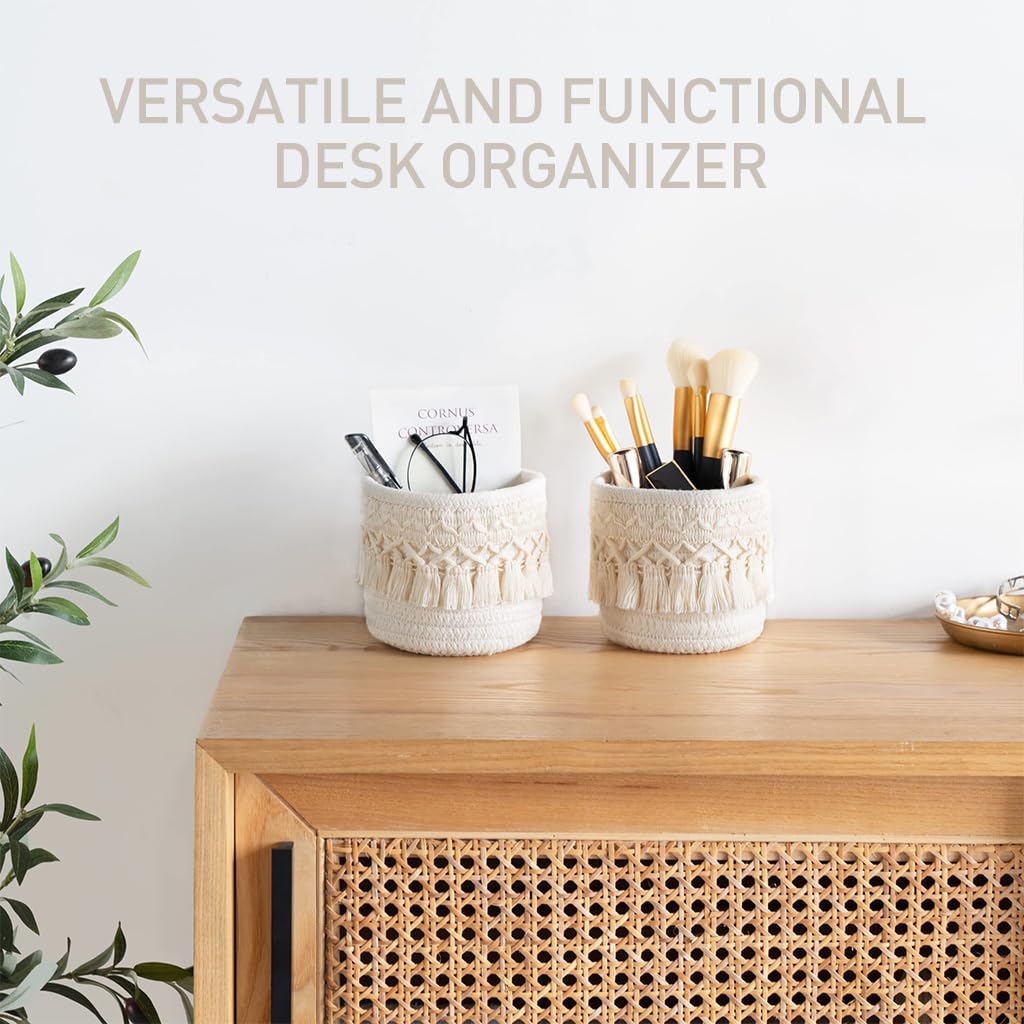 MAYCREATE Macrame Makeup Brush Holder for Desk Organization with 10cm cotton rope | Boho tassel ivory decor
