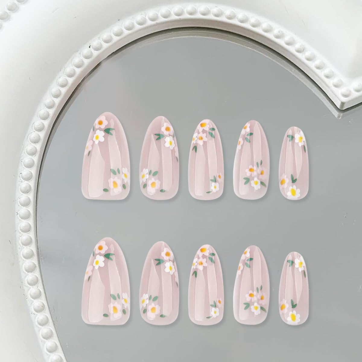 MAYCREATE Press On Nail Set for Everyday Wear with 24Pcs Almond Sizes and Adhesive Tabs | Pink Floral Resin Design