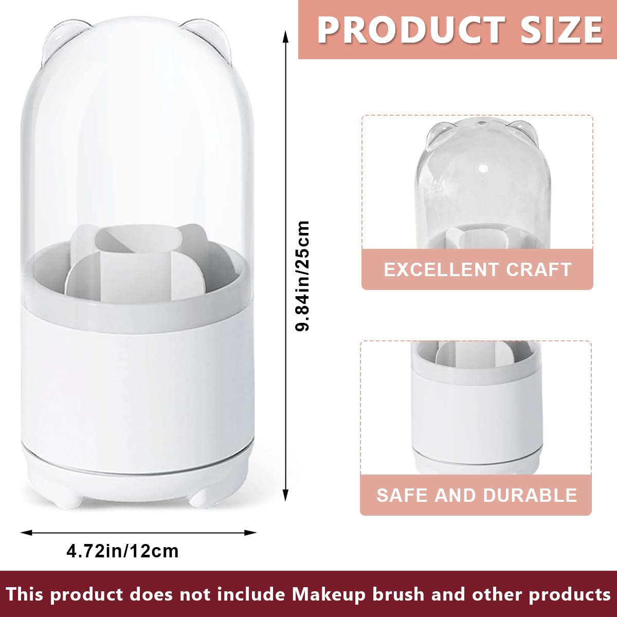 MAYCREATE Makeup Brush Holder Organizer for Vanity with 360° Rotating 5 Slots and Clear Lid