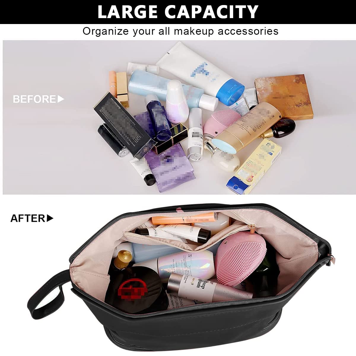 MAYCREATE Cosmetic Bag for Travel with Double Layer Brush Holders and 25×15×16 cm PU Leather Design | Black Makeup Organizer