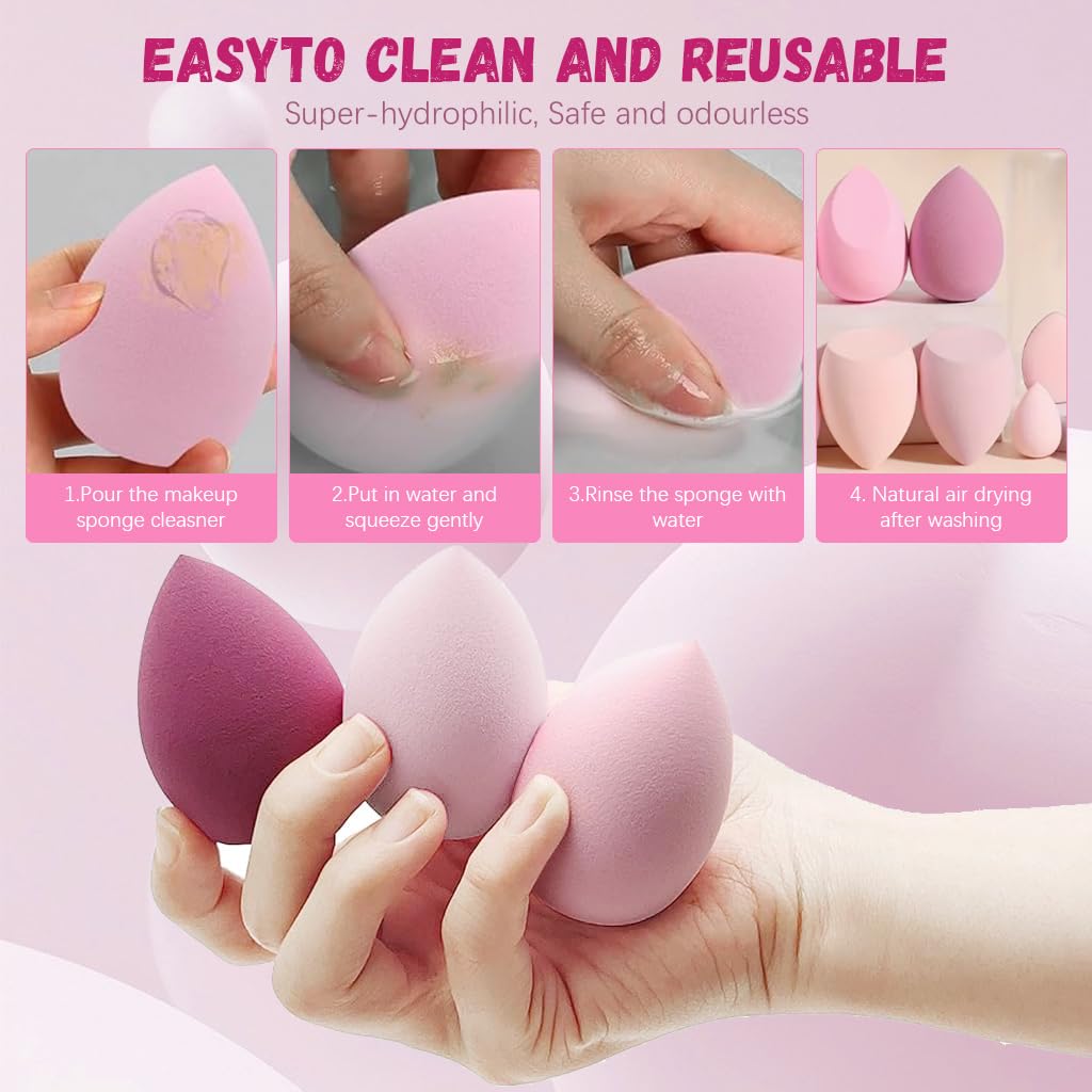 MAYCREATE Makeup Sponge Set for Foundation and Powder Blending featuring Triangular Puff | 14 Pcs Pink Tools for Women