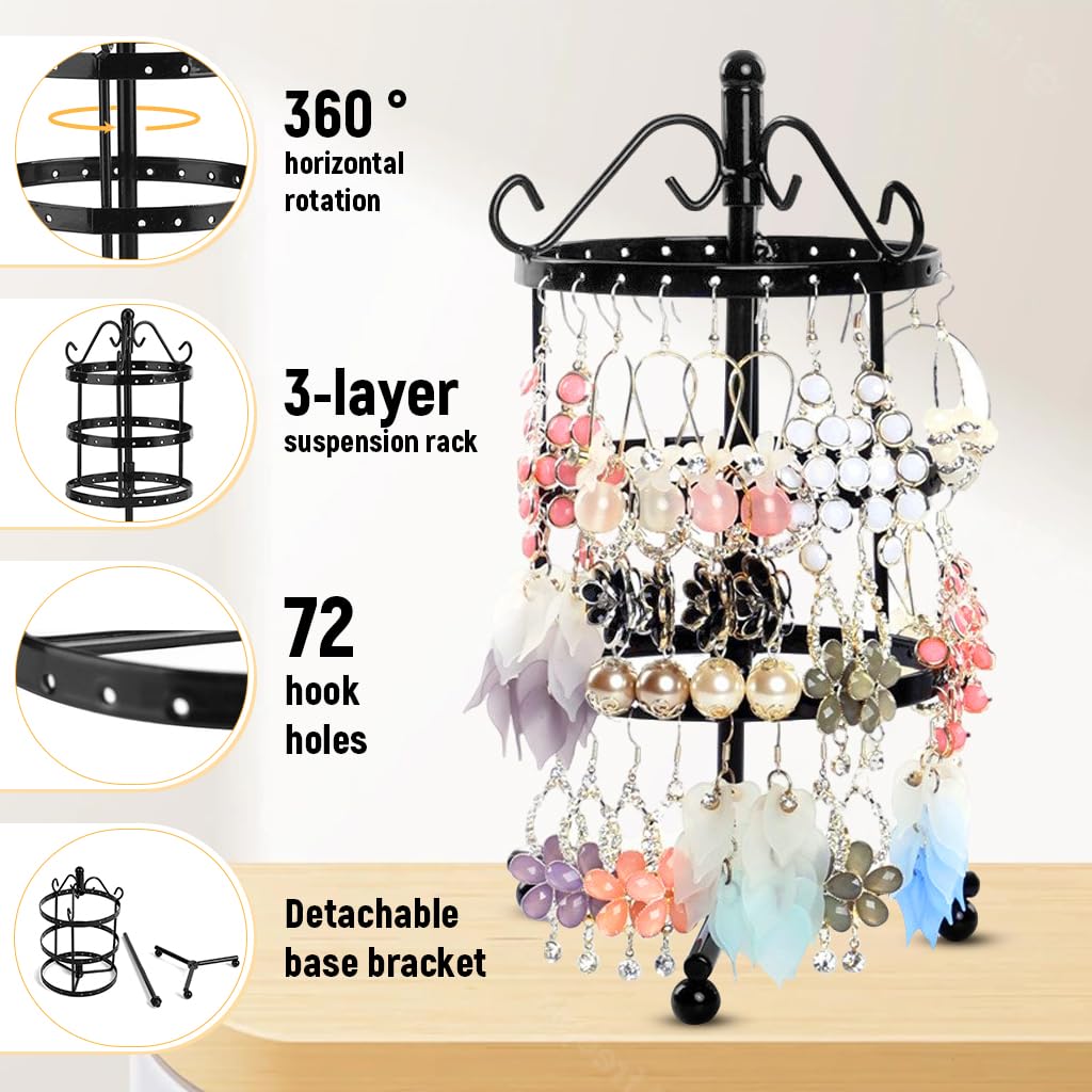 MAYCREATE Hoop Earrings Organizer for Over 50 Pairs with 3 Tier Rotating Metal Stand | Black