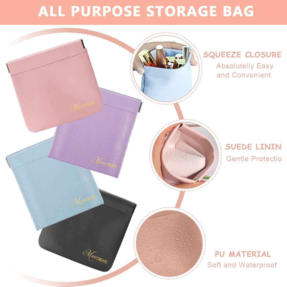 MAYCREATE 4 Pack Mini Makeup Bag Small Pouches For Women Pu Cosmetic Bag Squeeze Top Pocket Storage Pouch For Coin Purse Lipstick Jewelry Accessories (Self-Closing, 4.3X4.7In), Assorted