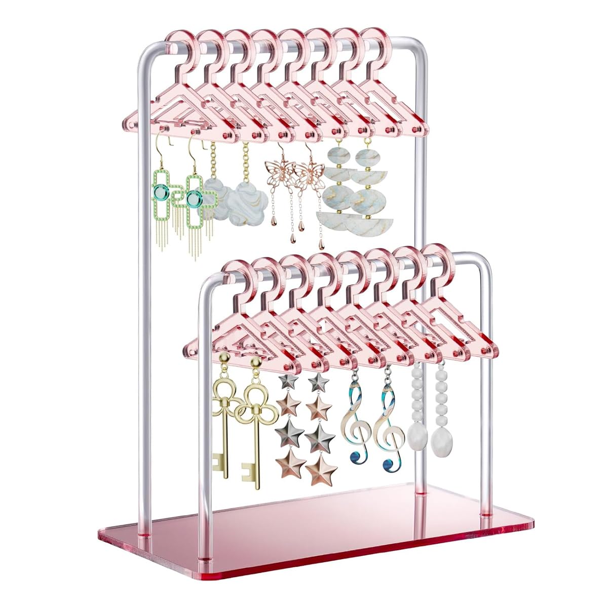 MAYCREATE Earrings Organizer for Women with 16 Mini Hangers and Dual Cross Bar Design | Pink Acrylic Holder for 32 Pairs