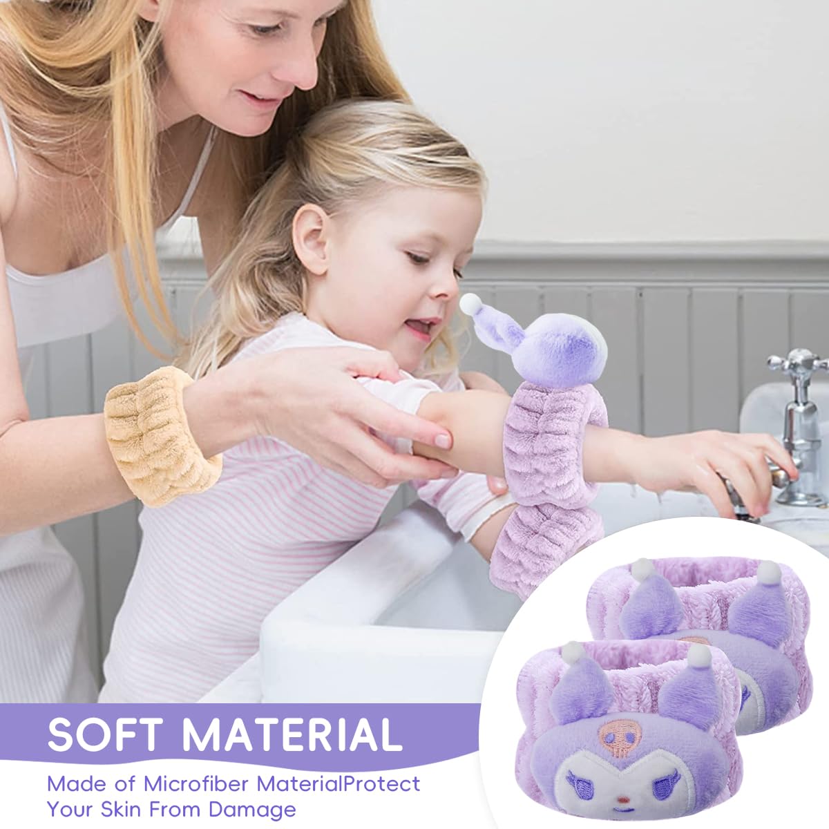 MAYCREATE Kuromi Spa Headband for Skincare with Elastic Plush 3Pcs Set | Face Wash & Makeup