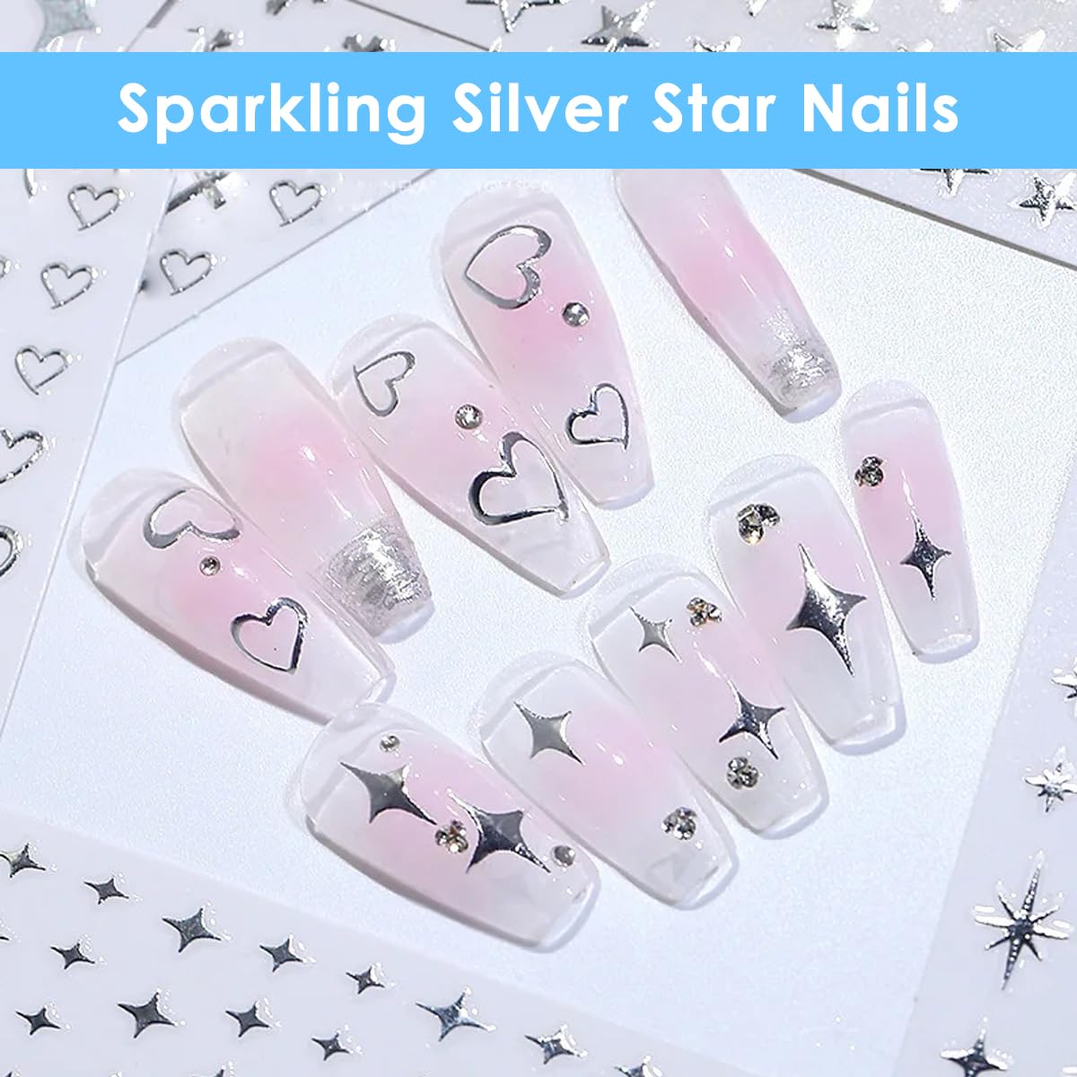 MAYCREATE Nail Decal Stickers for DIY Manicure with 6 Sheets Silver Star Heart Designs | Self Adhesive
