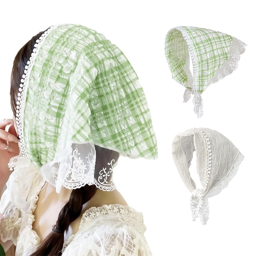 MAYCREATE Head Scarf for Women featuring Lace Checked Design and Countryside Style | 2Pcs Set