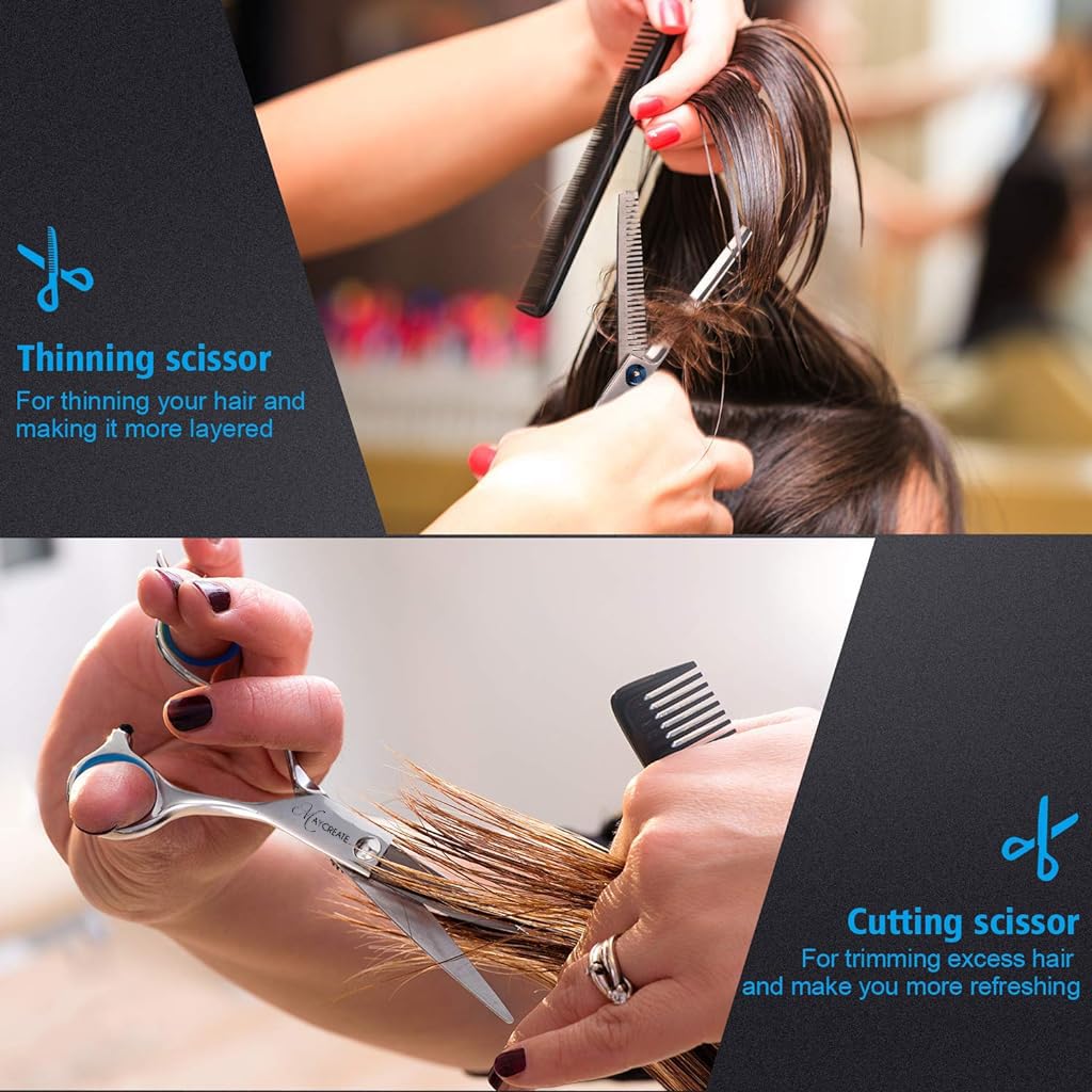 MAYCREATE Hair Cutting Scissors Kit for Professionals with 6.7 in Blades and Screw Tension | 9 Pcs Stainless Steel Set for Men and Women