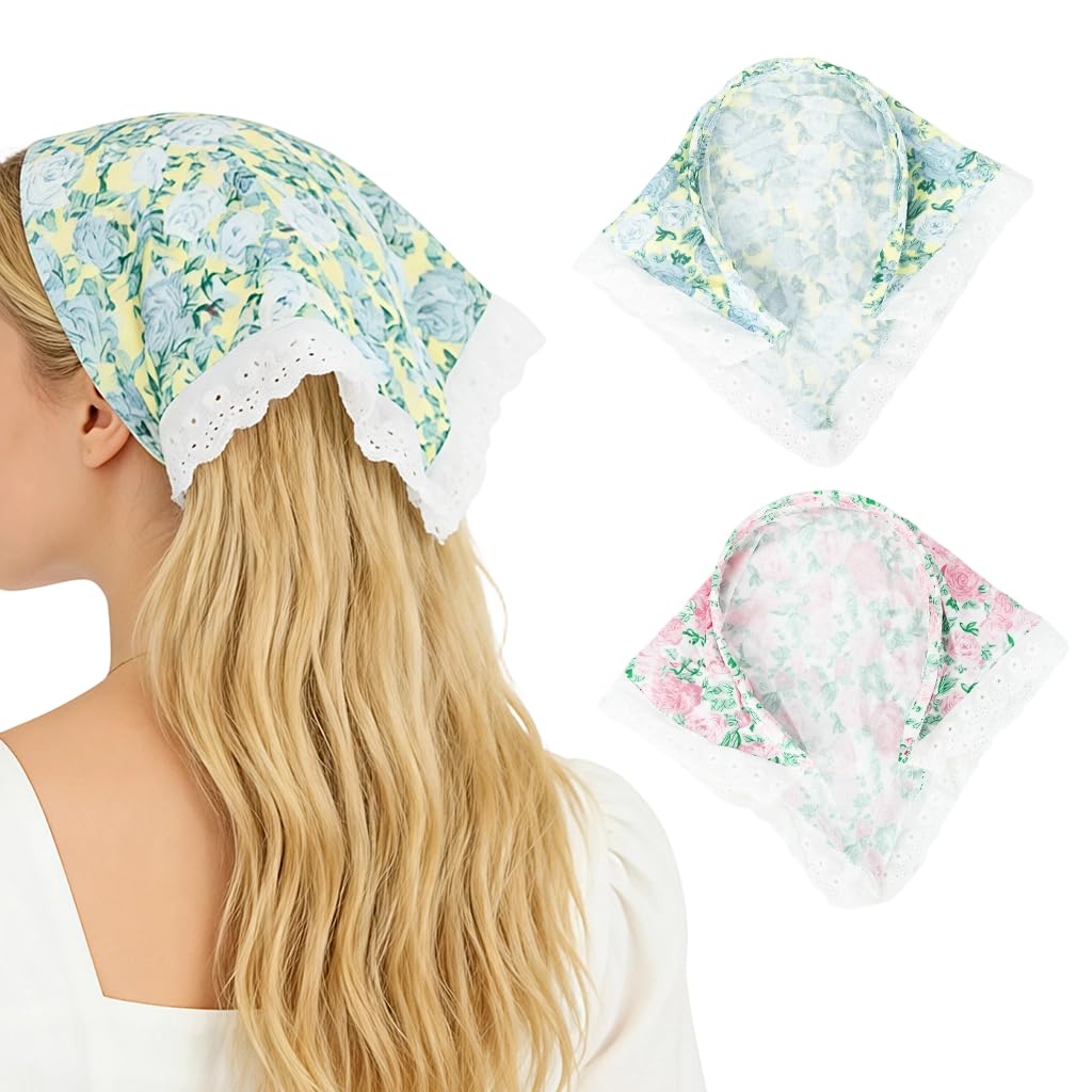 MAYCREATE® 2Pcs Headwear Stylishly Sweet Lace Headpieces Headscarf Headbands Lovely Floral Lace Headband Countryside Headscarf for Girls Fashion Hair Bandanas Headpieces