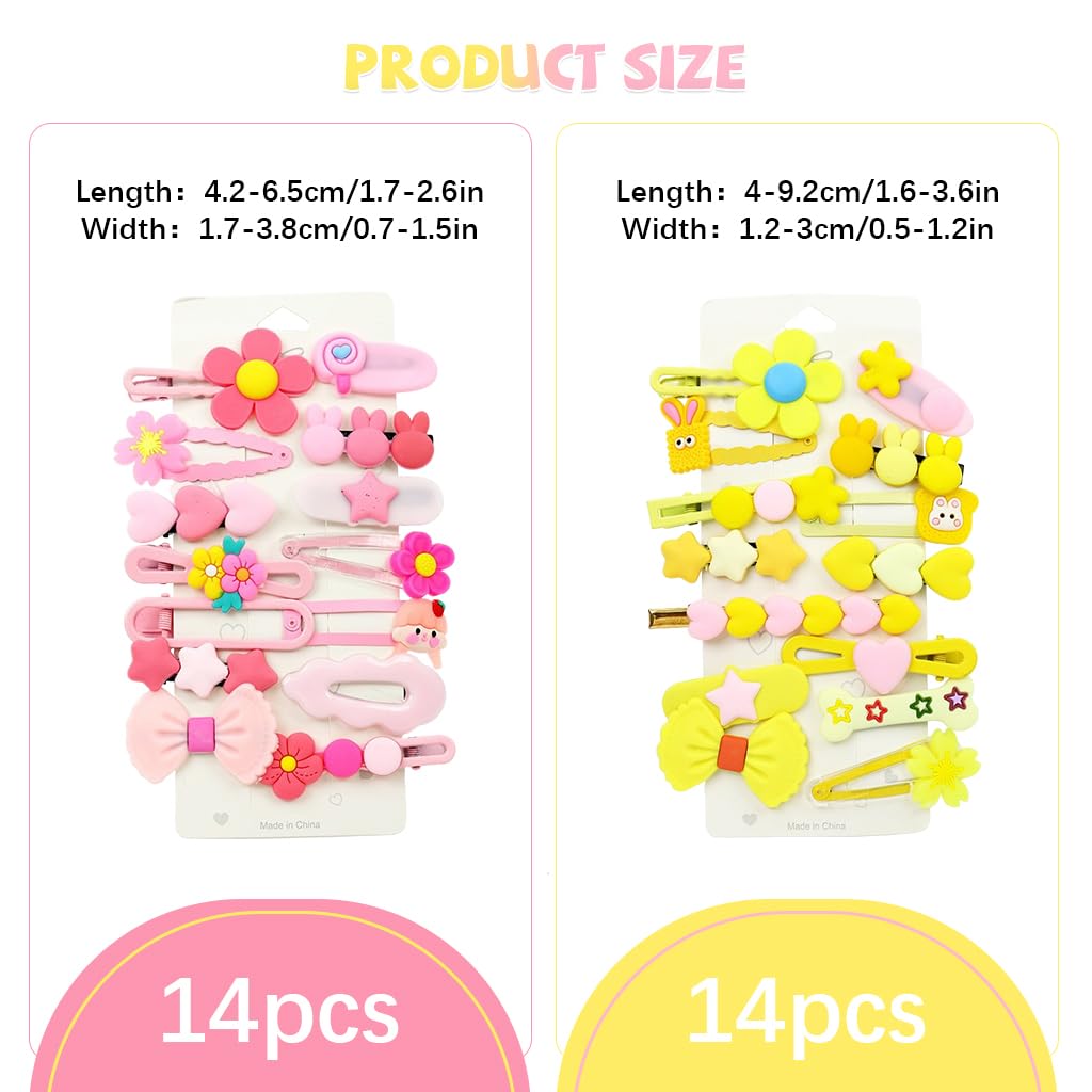 MAYCREATE Hair Clips for Girls 28Pcs Set with Unique Cartoon Designs in Pink and Yellow | Cute Gift Accessory for Kids