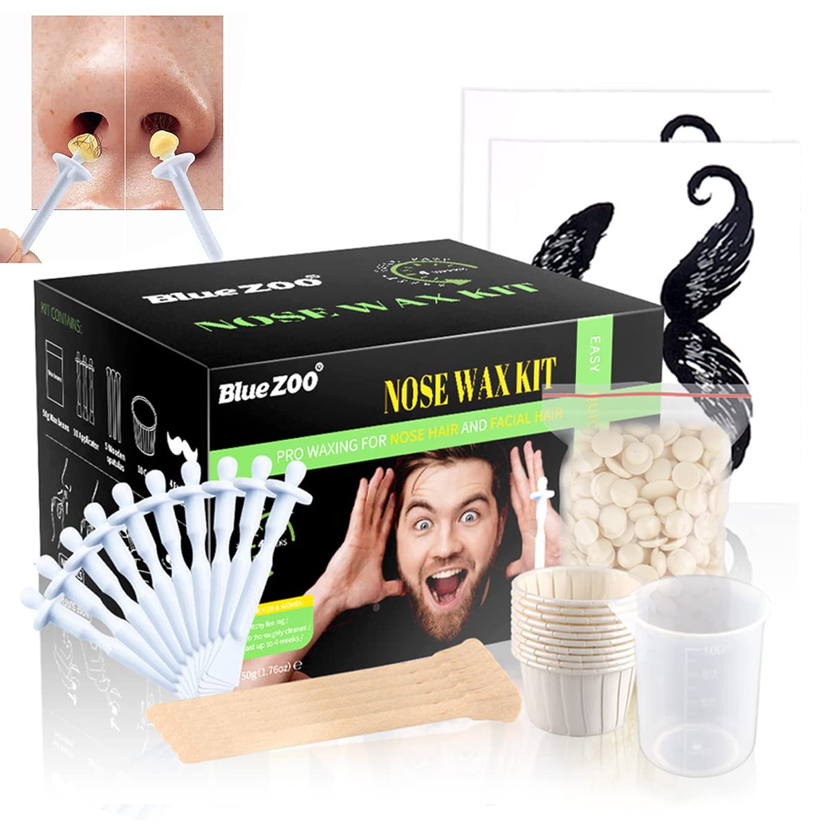 MAYCREATE® Nose Wax Kit for Men Women, Eyebrows Ears Lips Facial Nose Hair Removal Wax, 50g Wax, 10 Applicators, 5 Wooden Stick, 10 Little Cups, 1 Protect Sticker, 1 Measuring Cup