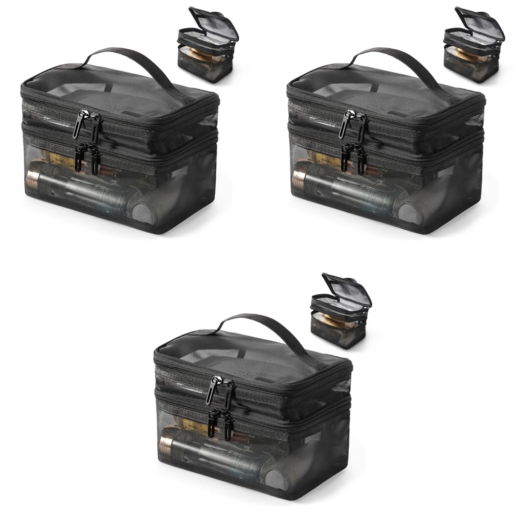 MAYCREATE Makeup Pouch Bag for Travel Organization featuring Double Layer Nylon Mesh | 3 PCS Set with Handle