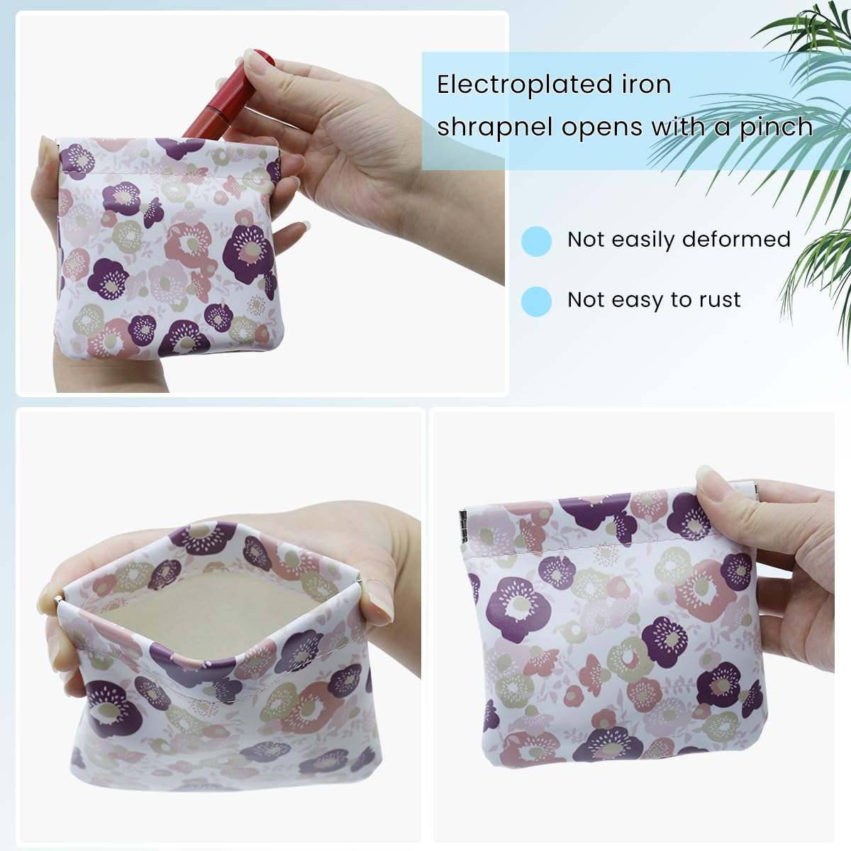 MAYCREATE® 3 Pack Small Cosmetic Bag, Floral Print PU Leather Makeup Pouch Travel Organizer for Cosmetics, Accessories, Mini No Zipper Self-Closing Makeup Bag