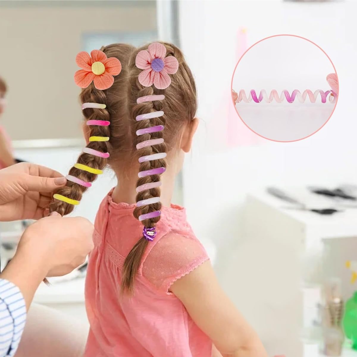 MAYCREATE® 4pcs Spiral Hair Ties for Girls Kids Cute Flower Braids Telephone Wire Hair Band for Kids Elastic Hair Tie Ponytail Holder Maker Hair Accessories for Girls Children Gift