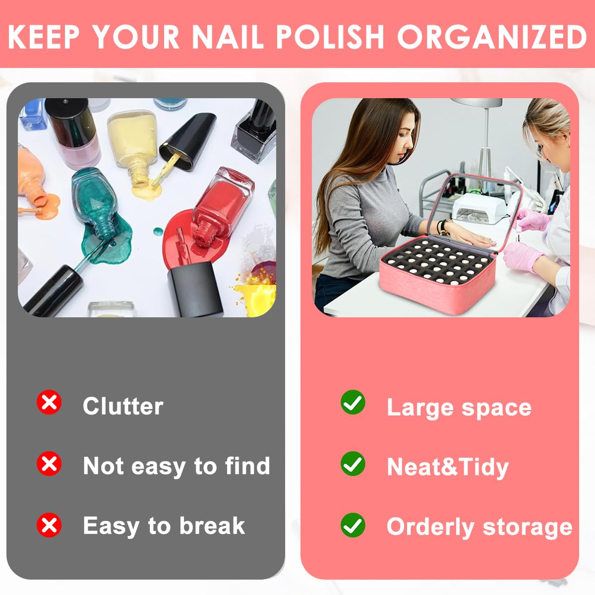 MAYCREATE Nail Polish Bag Organizer for Travel and Storage with 30 Slots and Detachable Partition | Pink Cosmetic Case for Women
