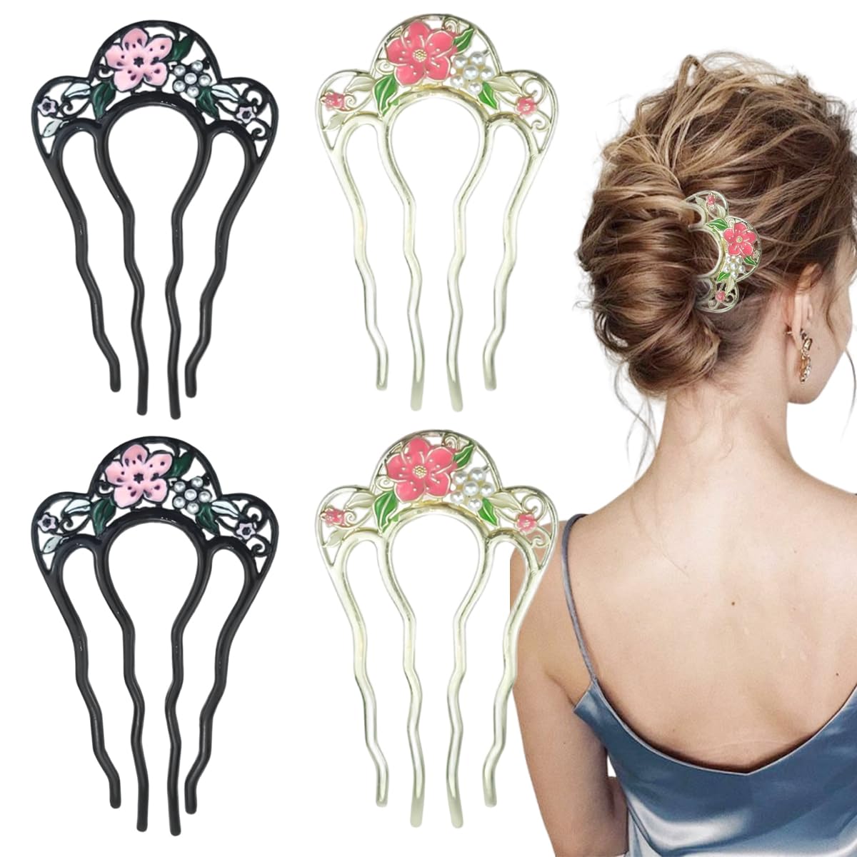 MAYCREATE® U-Shaped Hairpins for Women Girls Floral Metal Hair Pins Pink Sakura Charm Non-Slip Hair Accessories for Updos, Wedding, Party and Gift