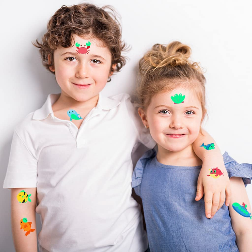 MAYCREATE Kids Temporary Tattoo Stickers for Parties with Night Glowing Effect 10 Sheets | Waterproof Cartoon Animals Design