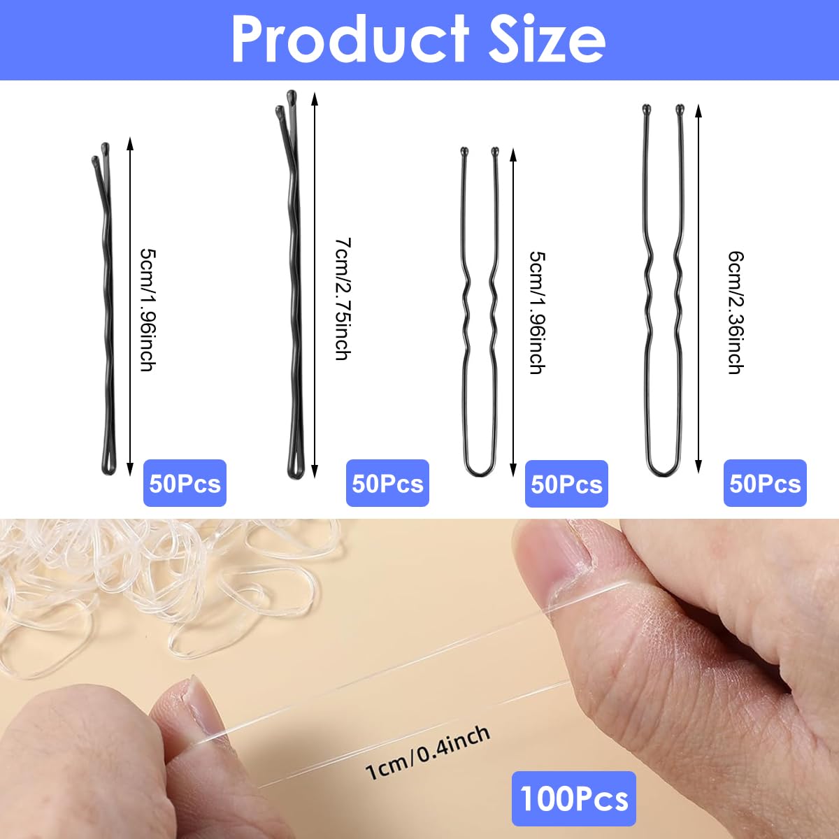 MAYCREATE Bobby Pins Set for Updos with U Pins and 100 Mini Rubber Ties | 300PCS Black