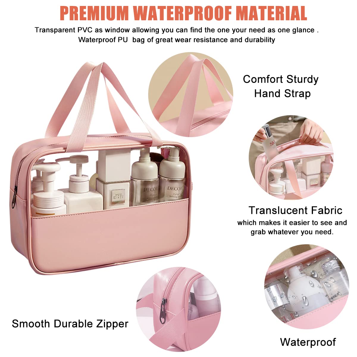 MAYCREATE Makeup Pouch Set for Travel and Home with Reinforced Handle | 3 Pcs Waterproof Rose Pink Bags