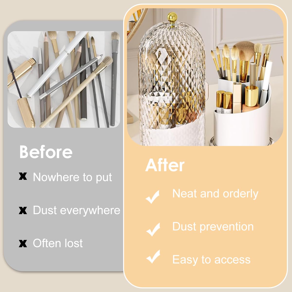 MAYCREATE Makeup Brush Holder for Vanity with 360 Rotating Base and 3 Compartments | White