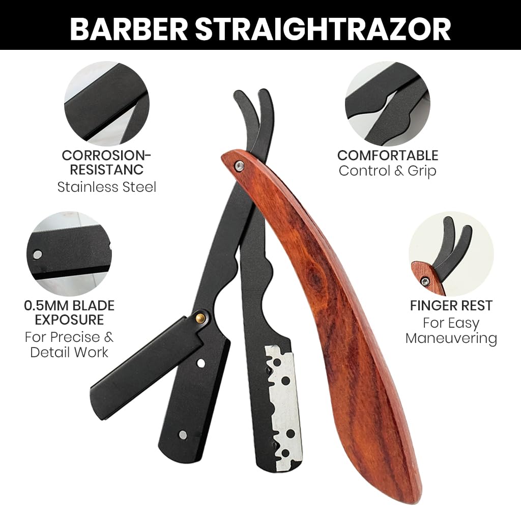 MAYCREATE Barber Straight Razor for Men with Folding Wooden Handle and Stainless Steel Blade | Precision Shaving and Beard Shaping Tool