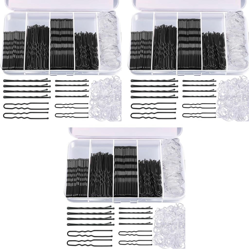 MAYCREATE Bobby Pins Set for Updos with U Pins and 100 Mini Rubber Ties | 300PCS Black