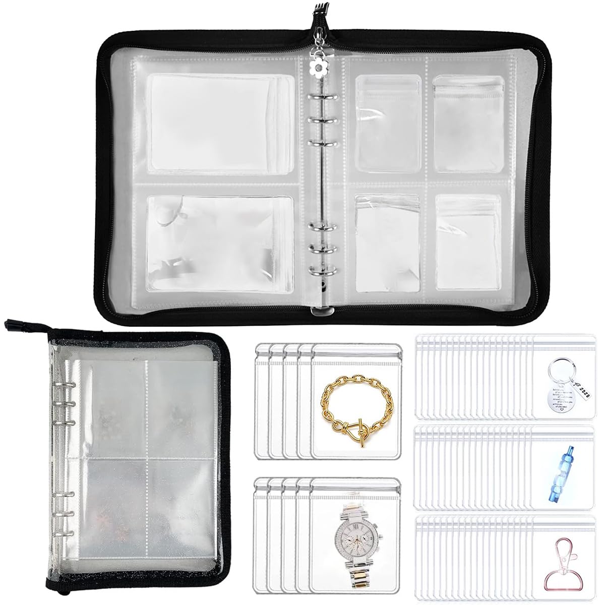 MAYCREATE Jewelry Organizer for Travel with 60 PVC Pouches and Zipper Binder | Transparent Storage Book