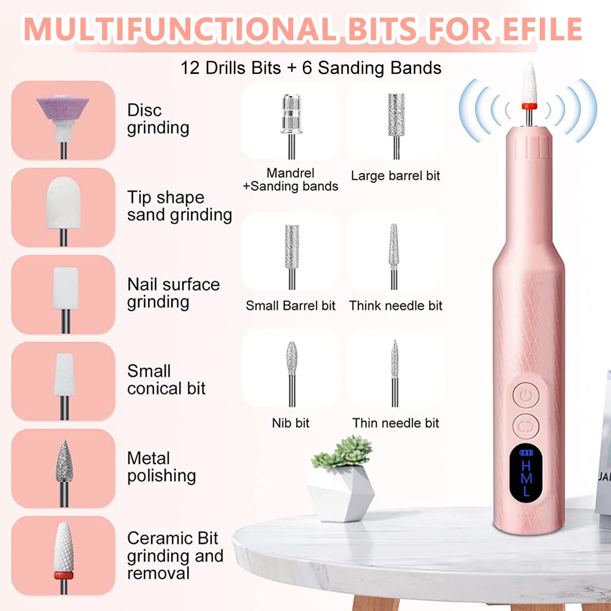 MAYCREATE Cordless Nail Drill Machine for Manicure and Pedicure with LCD Display 20000rpm | USB Rechargeable Kit