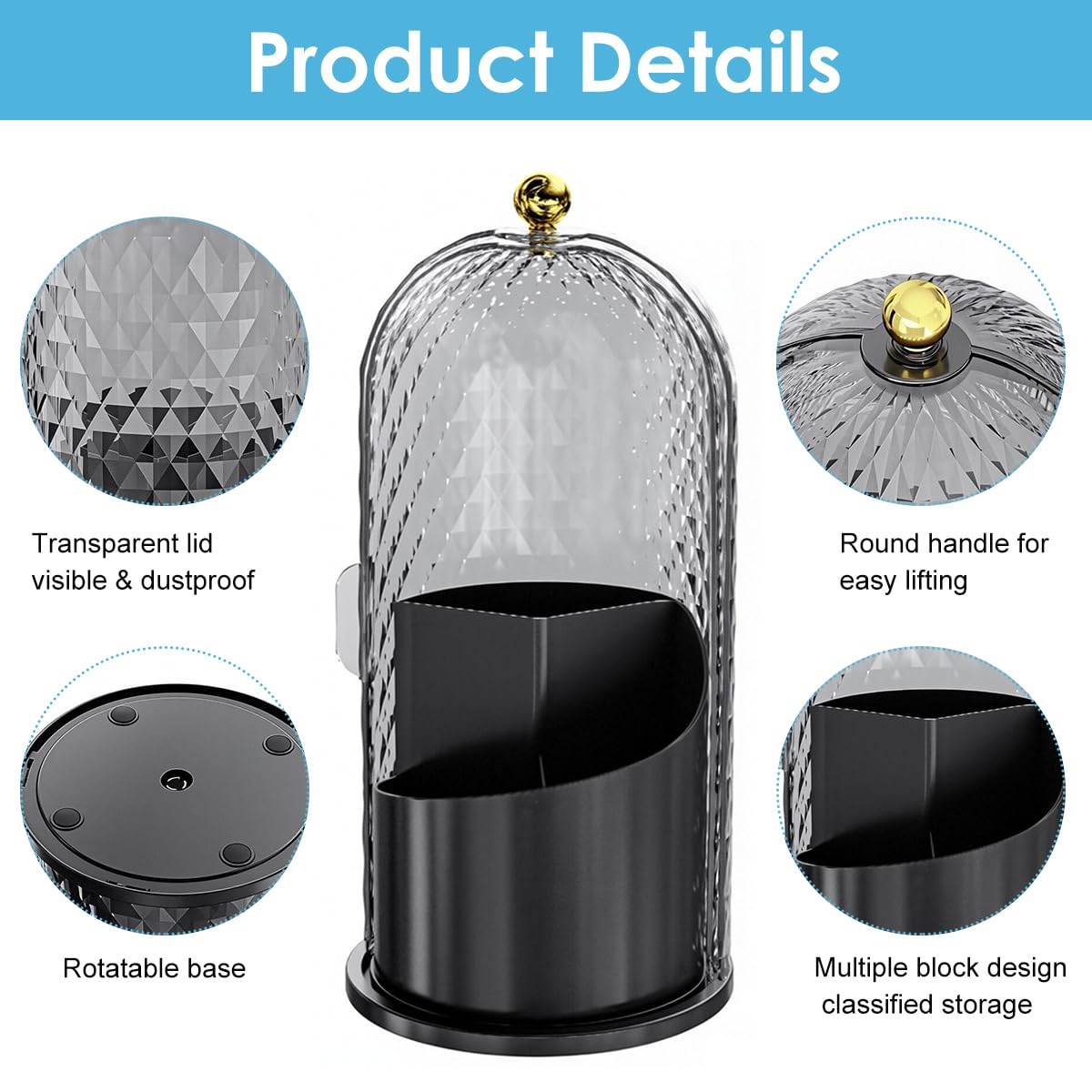 MAYCREATE Makeup Brush Holder Organizer for Vanity with 4 Compartments and 360° Rotating Lid | White 11×23cm Dustproof Storage Case