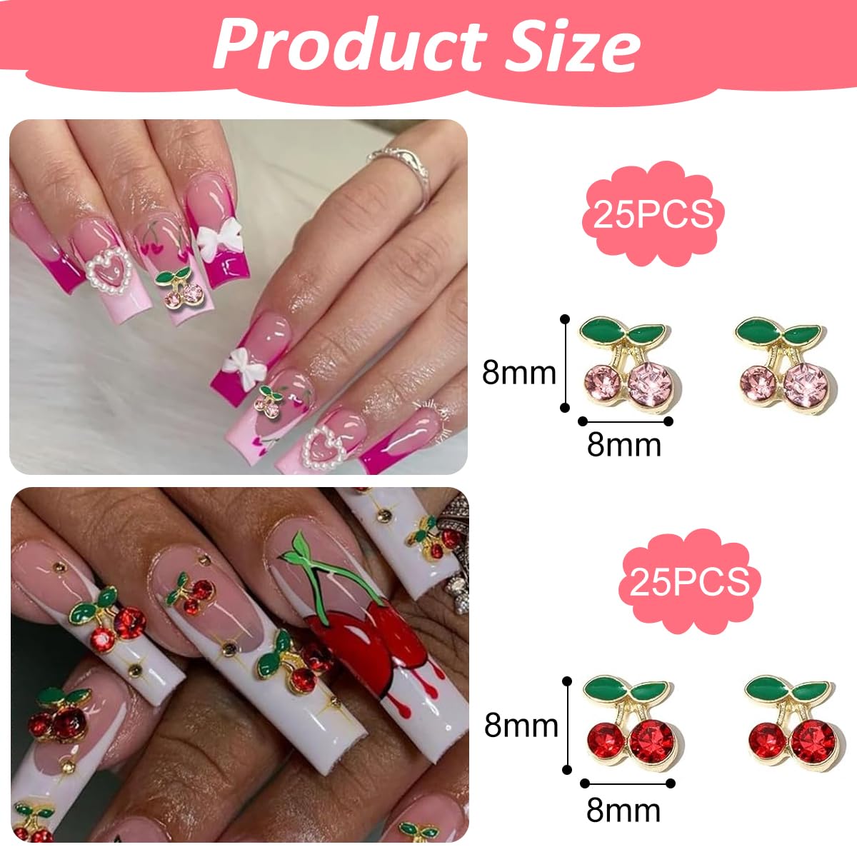 MAYCREATE 3D Cherry Nail Charms for Nail Art with Flat Back Design and 50Pcs Pink Red Gems