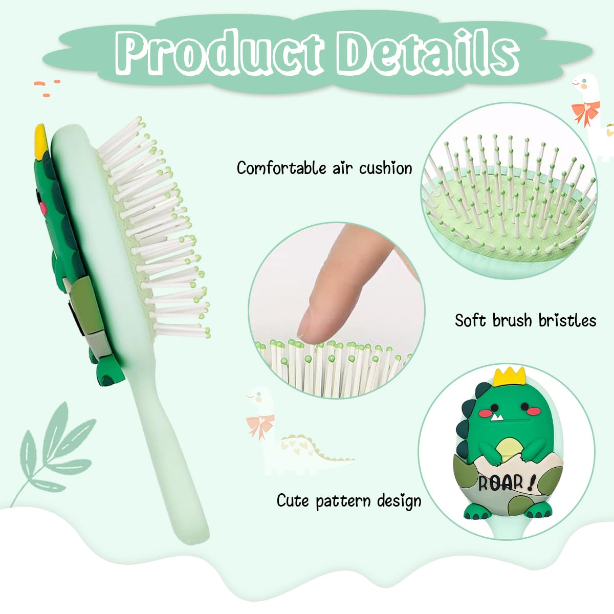 MAYCREATE Cute Dinosaur Hair Brush for Kids with 5.1 in Ergonomic Handle and Soft Bristles | Pink Mini Travel Comb