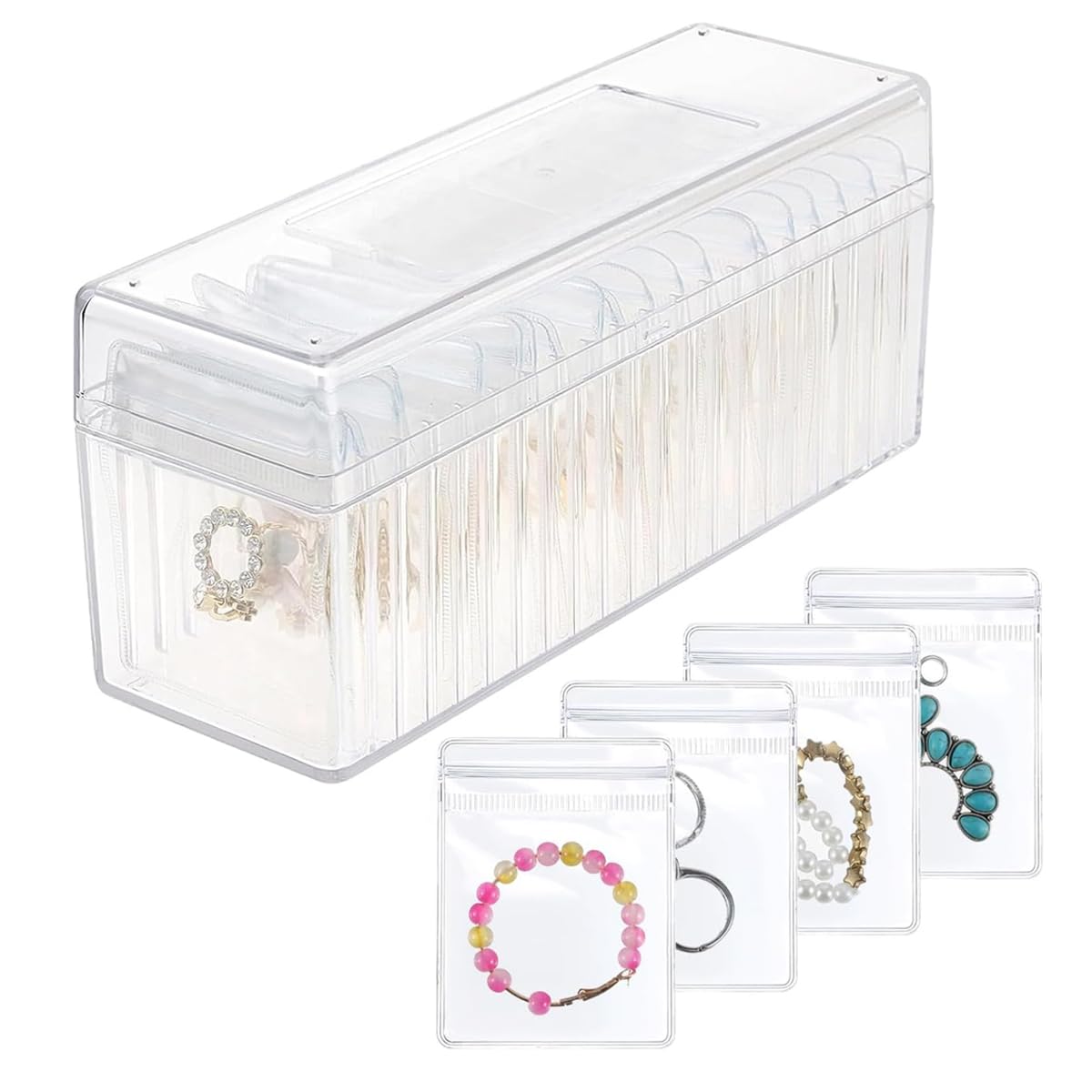 MAYCREATE Jewellery Organisers for Storage and Travel with 20 PVC Pouches and Acrylic Box | Transparent Anti-Tarnish Design