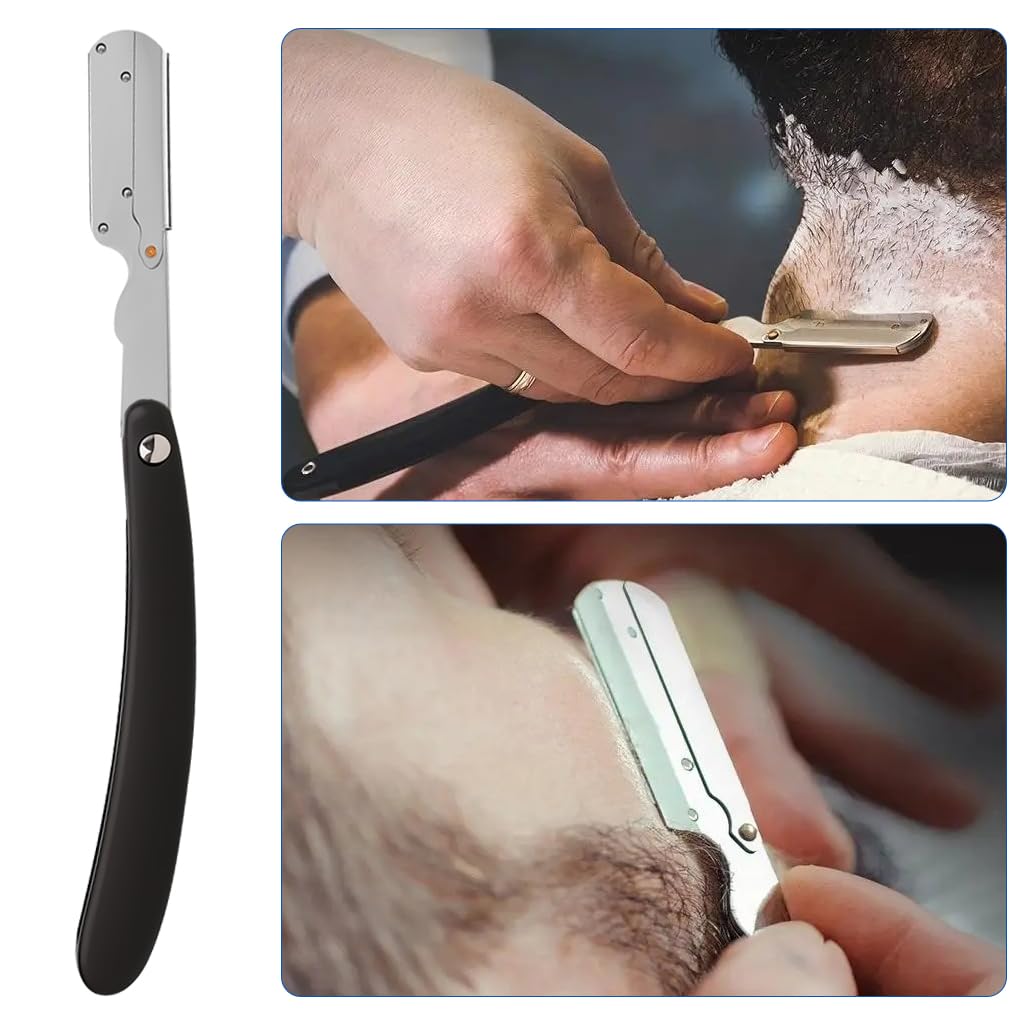MAYCREATE Professional Straight Razor for Men with Folding Safety Handle and 10 Blades | Stainless Steel Shaving Tool