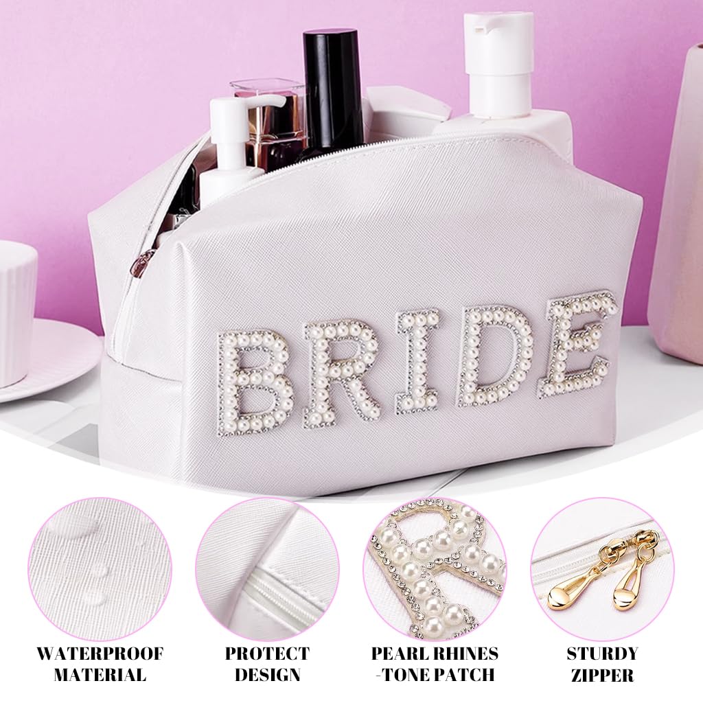 MAYCREATE Bride Makeup Pouch for Weddings featuring Pearl Rhinestones and Zipper Closure 20.5x8x12.5cm