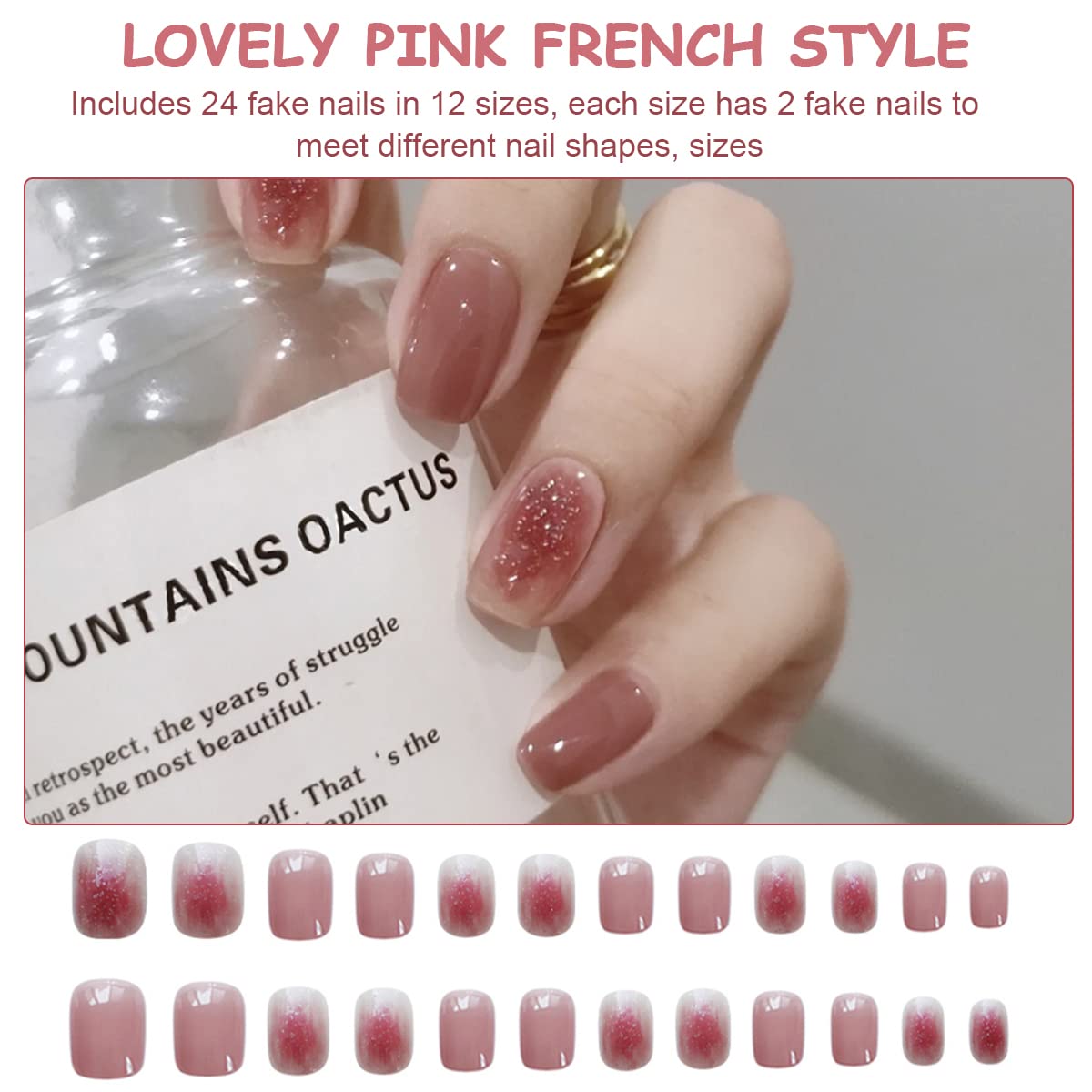 MAYCREATE French Fake Nails for DIY Nail Art with 24 pcs Full Cover ABS Design | Plum Pink Style