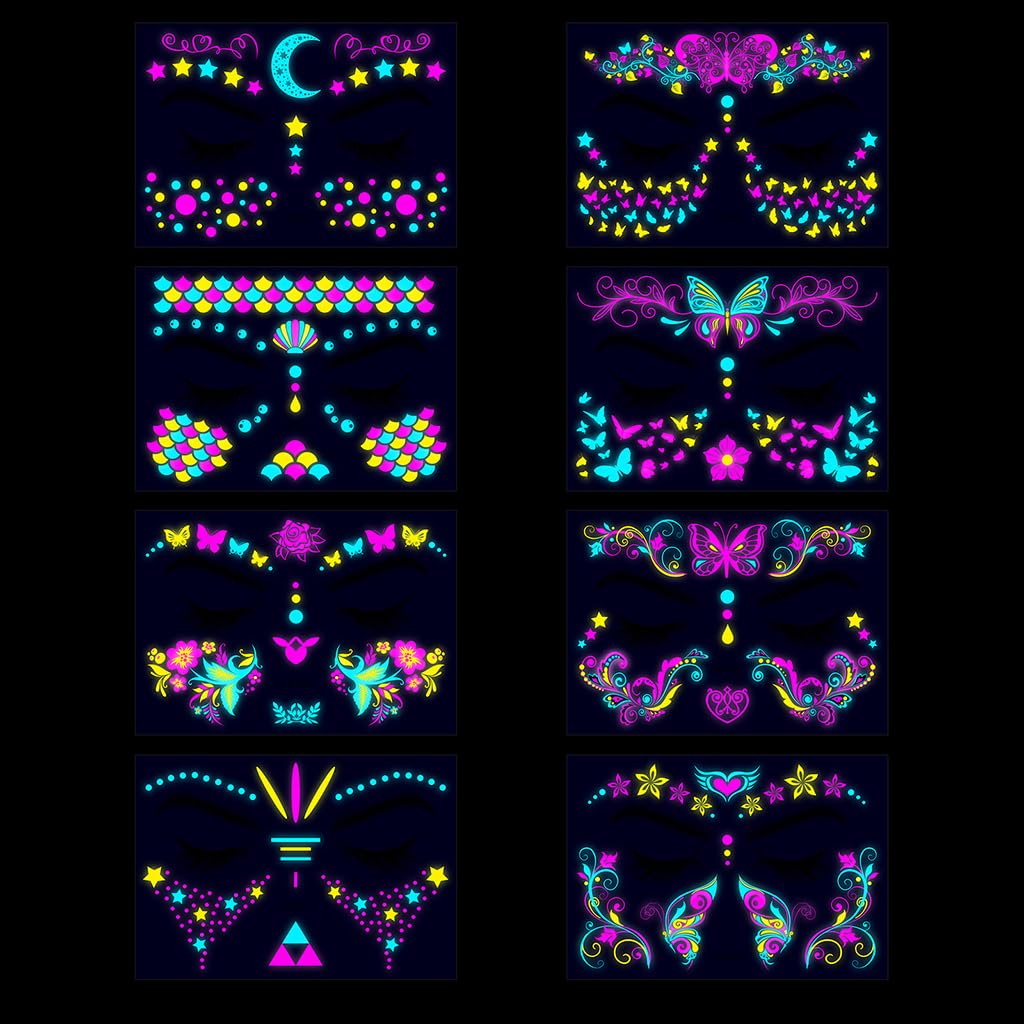 MAYCREATE® 8-Sheet UV Neon Face Tattoo Sticker Temporary Tattoos, Glow in the Dark Face Tattoos, Butterfly Mermaid Fluorescence Fake Tattoo Stickers for Halloween Rave Festival Party Supplies