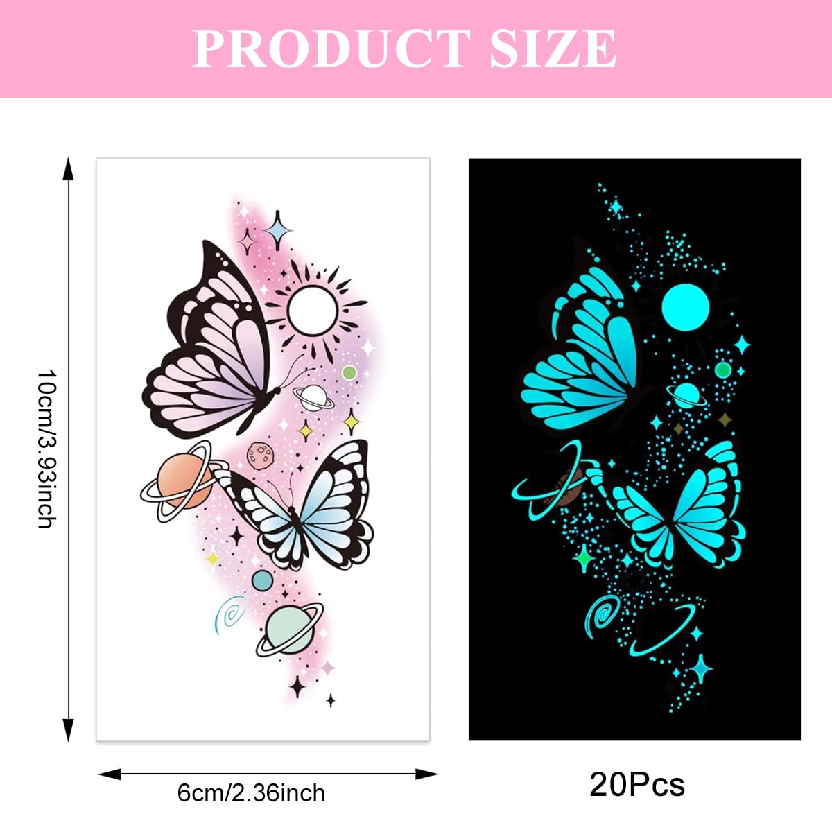 MAYCREATE Temporary Tattoos for Parties with Glow in the Dark Design | 20 Sheets Waterproof Stickers