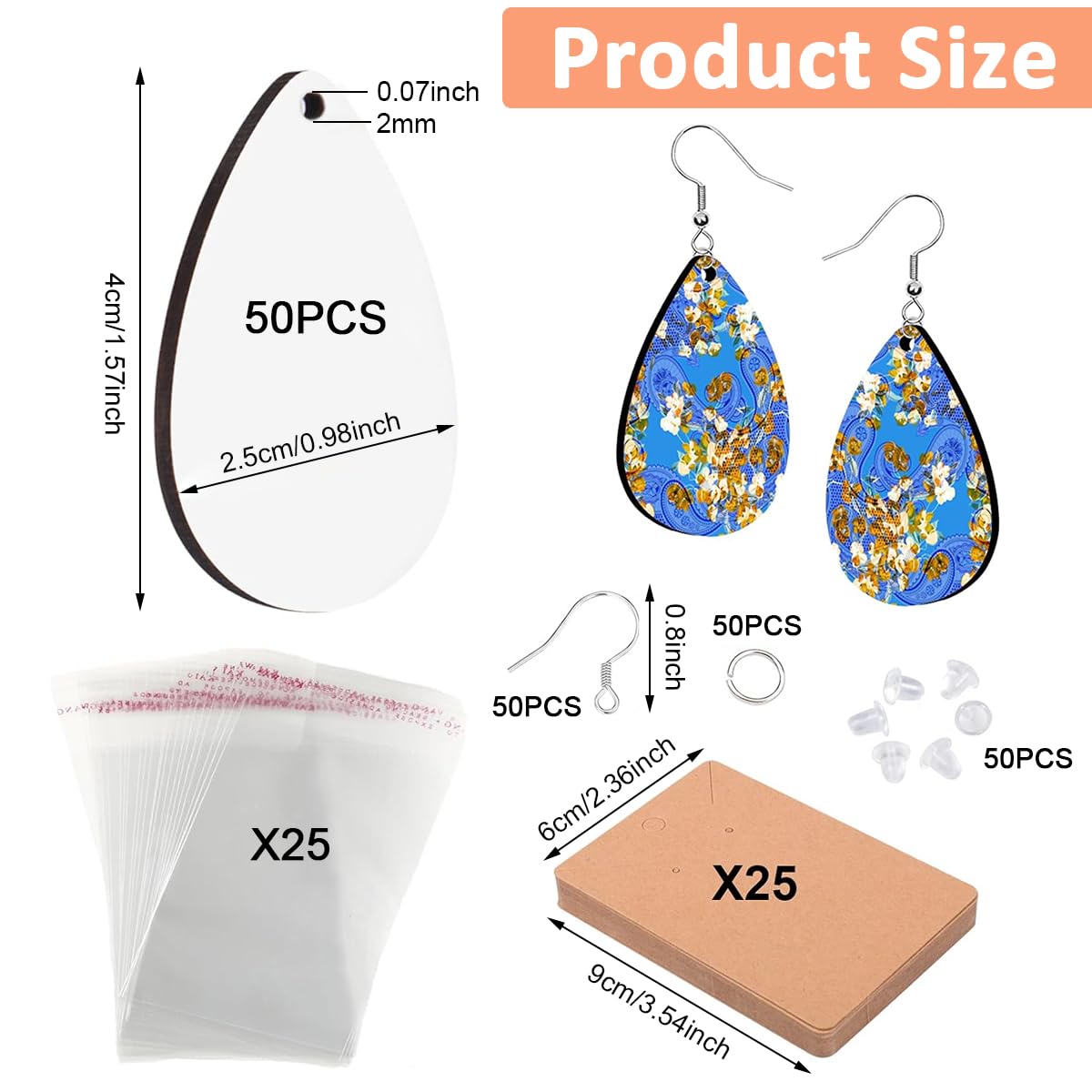 MAYCREATE Sublimation Earring Blanks for DIY Crafts with 50Pcs 1.54 in Raindrop Pendants | Easy Jewelry Making Kit
