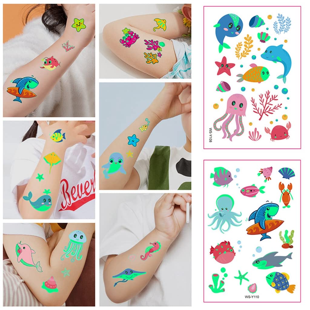 MAYCREATE Kids Temporary Tattoo Stickers for Parties with Night Glowing Effect 10 Sheets | Waterproof Cartoon Animals Design