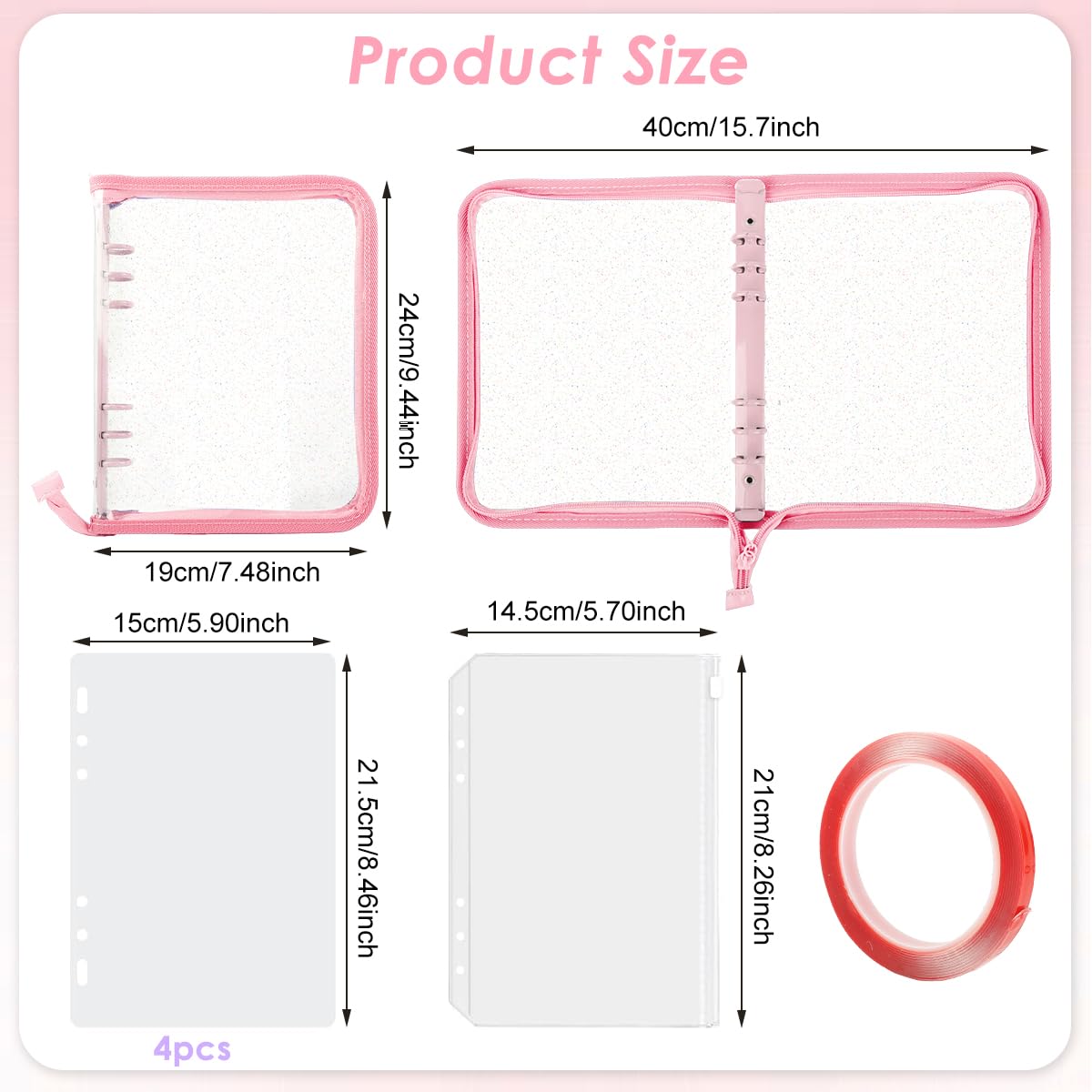 MAYCREATE Press On Nail Organizer with 4 Insert Pages and Acrylic Tape, Pink | Reusable A5 Nail Storage Book