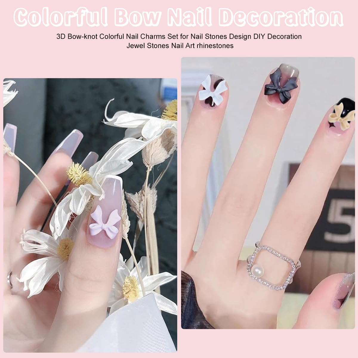 MAYCREATE Colorful Bow Knot Nail Charms Set for DIY Nail Art with Faux Pearls | 6 Colors