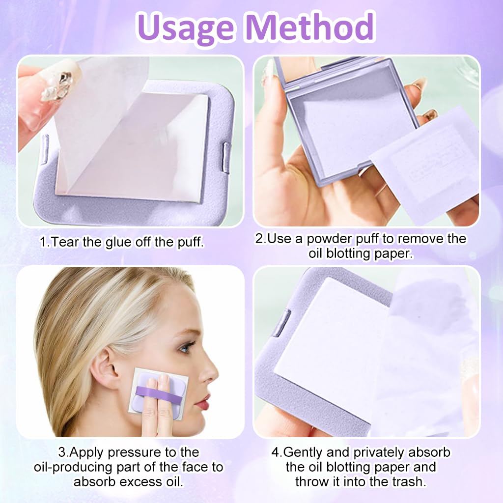 MAYCREATE® 200Pcs Blotting Paper for Oily Face, Lavender Oil Absorbing Sheets for Face, Natural Oil Absorbing Paper for Face, Travel Compact Face Wipes for Oily Skin, with Mirror & Puff for Men Women