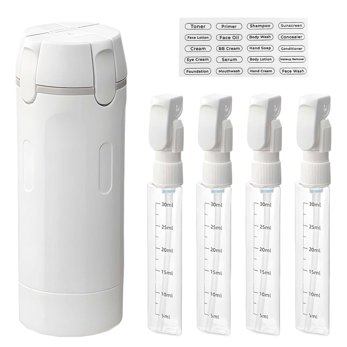 MAYCREATE® 4-in-1 Travel Bottles for Toiletries Dispenser Storage Organizer, Clear 30ml PET Pump Leak Proof Toiletry Bottles Refillable Containers for Shampoo Lotion Soap & Travel Essentials
