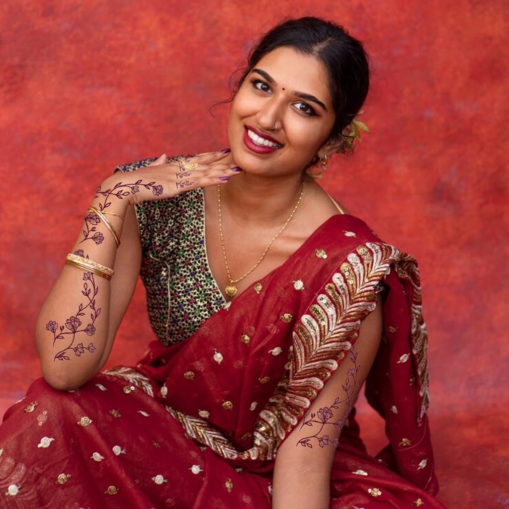 MAYCREATE Temporary Tattoo Stickers for Hands and Body with 12 Sheets Waterproof Henna | Brown Lotus Designs for Women and Girls